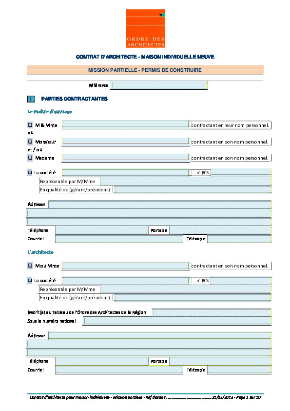 Contrat d’architecte pour maison individuelle mission partielle 03-2013